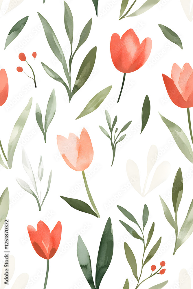 Obraz premium Watercolor seamless pattern of cute minimalistic tulips. Red and green colors isolated on white backdrop