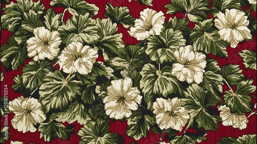 Red floral rug design, leafy pattern, home decor photo