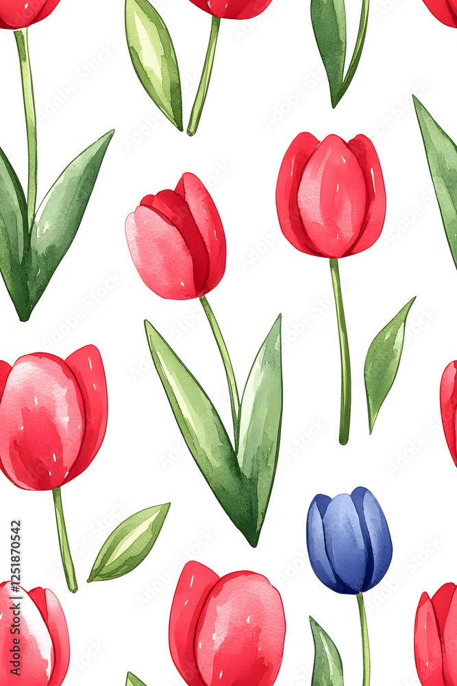 Obraz premium Watercolor seamless pattern of cute minimalistic tulips. Red and green colors isolated on white backdrop