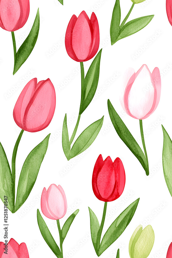 Obraz premium Watercolor seamless pattern of cute minimalistic tulips. Red and green colors isolated on white backdrop