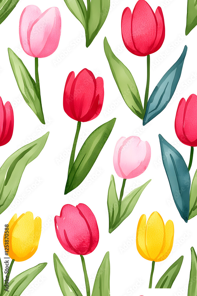 Obraz premium Watercolor seamless pattern of cute minimalistic tulips. Red and green colors isolated on white backdrop