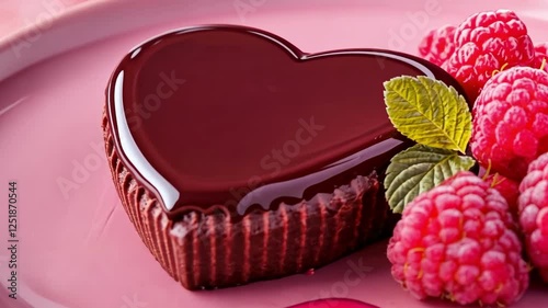 Heart-shaped raspberry dessert on pink plate with fresh berries. The 14th of February. Happy Valentine's Day