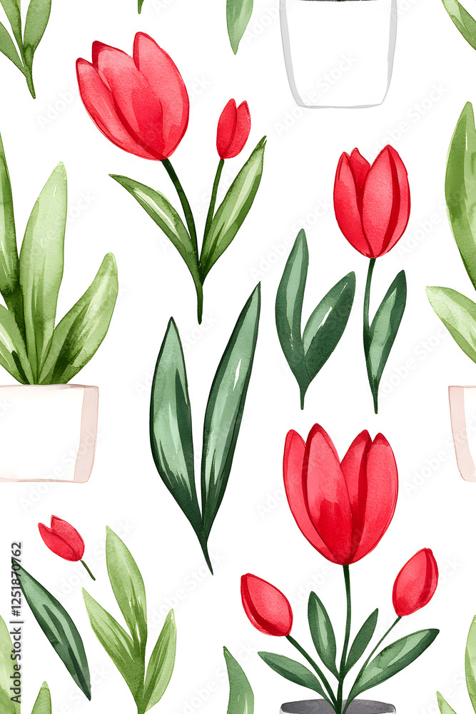 Obraz premium Watercolor seamless pattern of cute minimalistic tulips. Red and green colors isolated on white backdrop