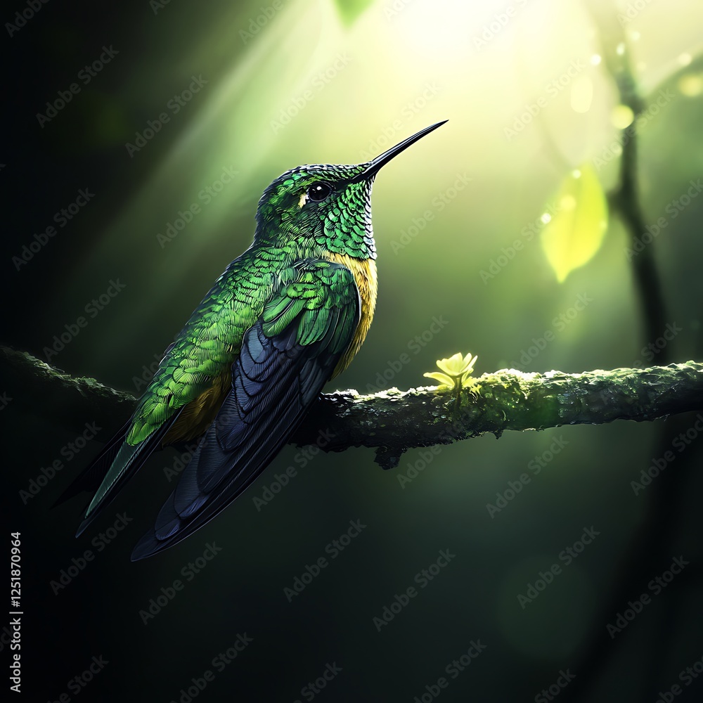Fototapeta premium Hummingbird flying swiftly against a blurry green background