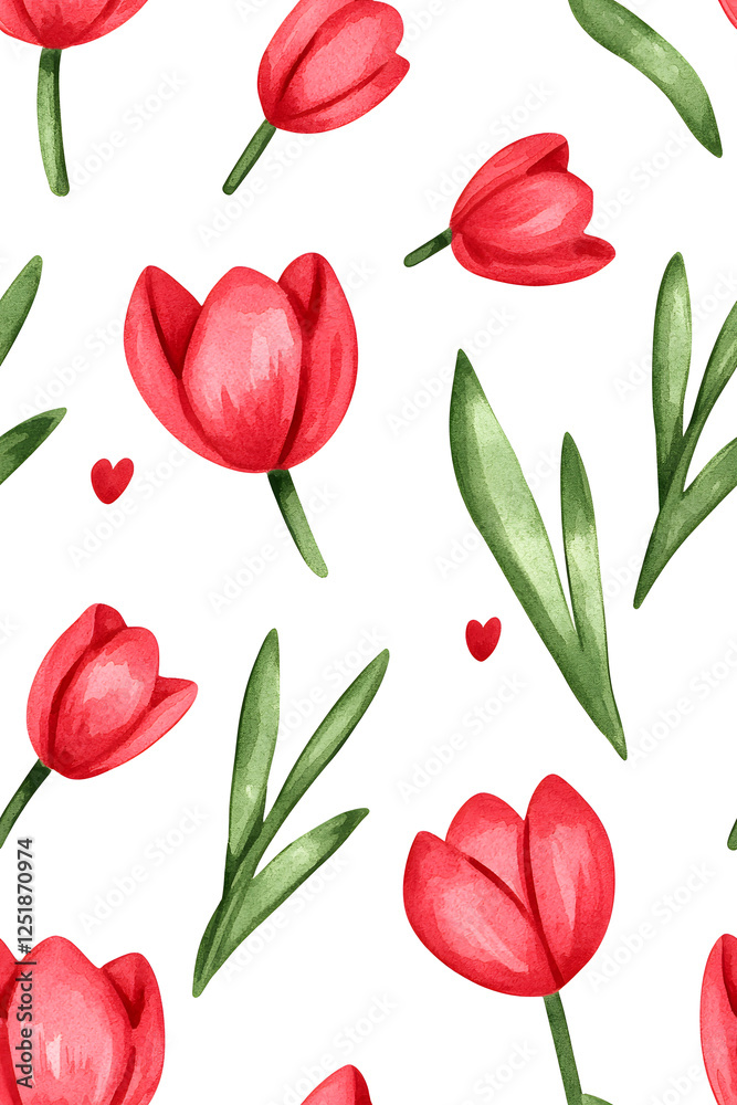 Obraz premium Watercolor seamless pattern of cute minimalistic tulips. Red and green colors isolated on white backdrop