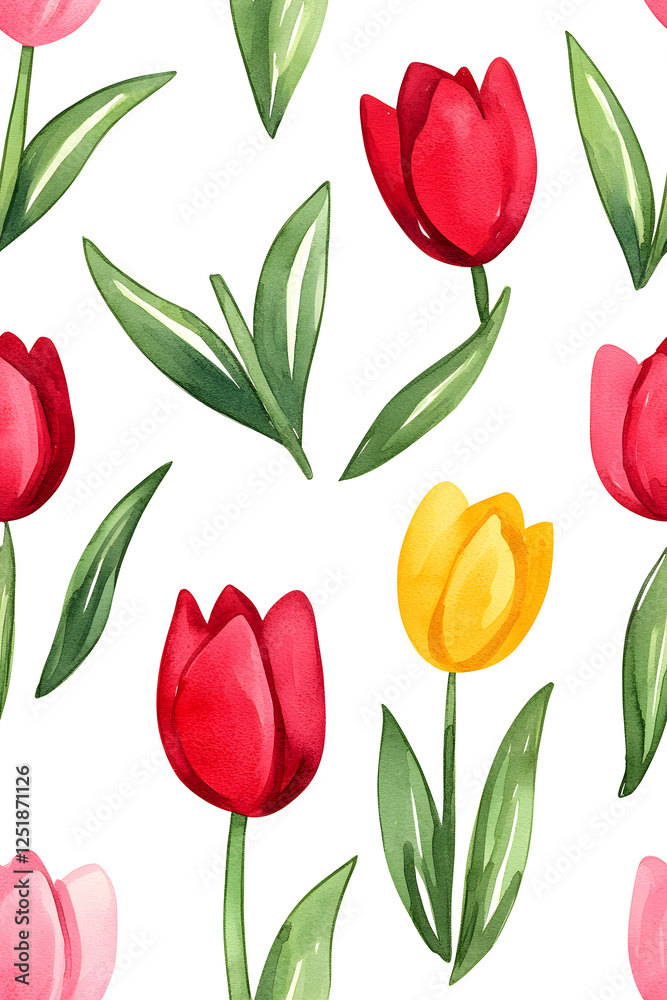 Obraz premium Watercolor seamless pattern of cute minimalistic tulips. Red and green colors isolated on white backdrop