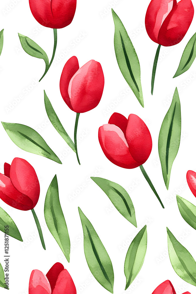 Obraz premium Watercolor seamless pattern of cute minimalistic tulips. Red and green colors isolated on white backdrop