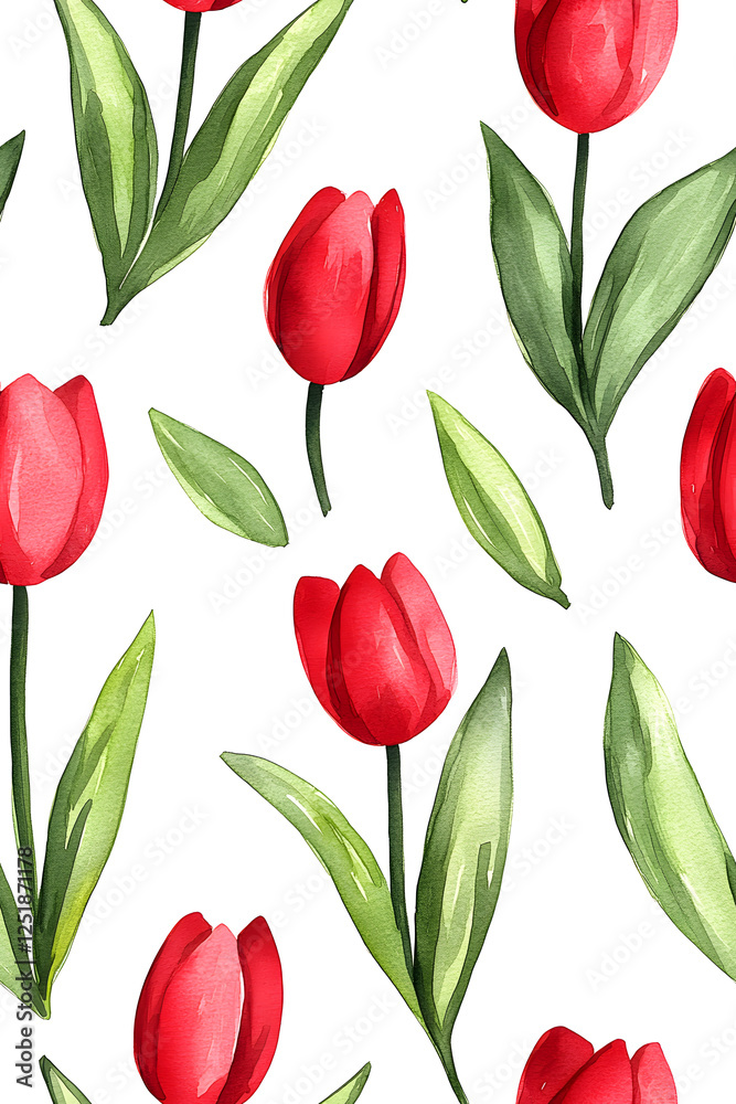 Obraz premium Watercolor seamless pattern of cute minimalistic tulips. Red and green colors isolated on white backdrop