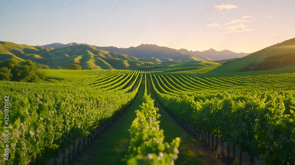 Naklejka premium Grape vines, green vineyard stretching under the golden sunlight, rolling hills in the background, perfect rows of grapevines