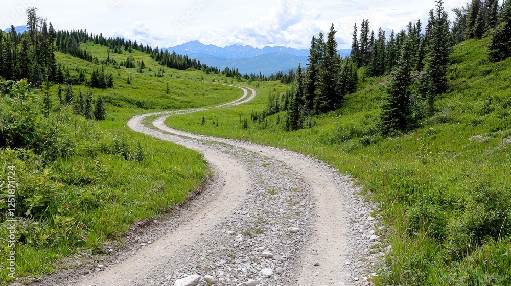 Winding mountain road through lush green valley Winding mountain road through lush green valley