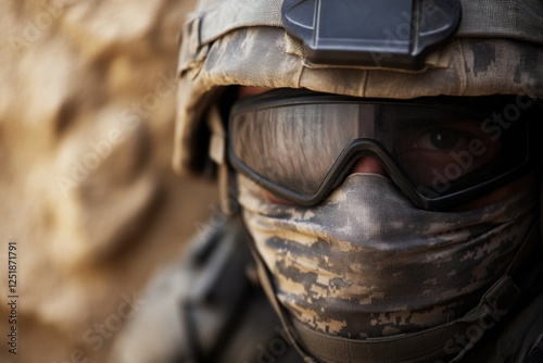 Caucasian male soldier in camouflage gear with protective goggles close-up