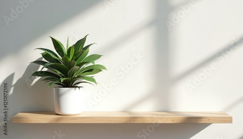 Wallpaper Mural Plant sits on wooden shelf against white wall. Interior with decoration includes flowerpot. Sunlight creates shadows. Simple home decor background has empty copy space for adding text or object. Torontodigital.ca