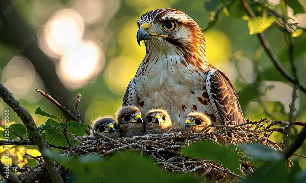Majestic Hawk Overseeing Nest of Four Chicks in Sunlit Forest Surrounded by Lush Green Foliage