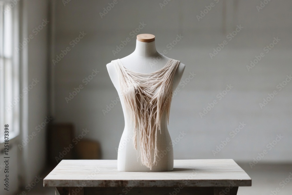 Elegant bohemian fringe necklace on mannequin displayed in minimalist studio setting Elegant bohemian fringe necklace on mannequin displayed in minimalist studio setting