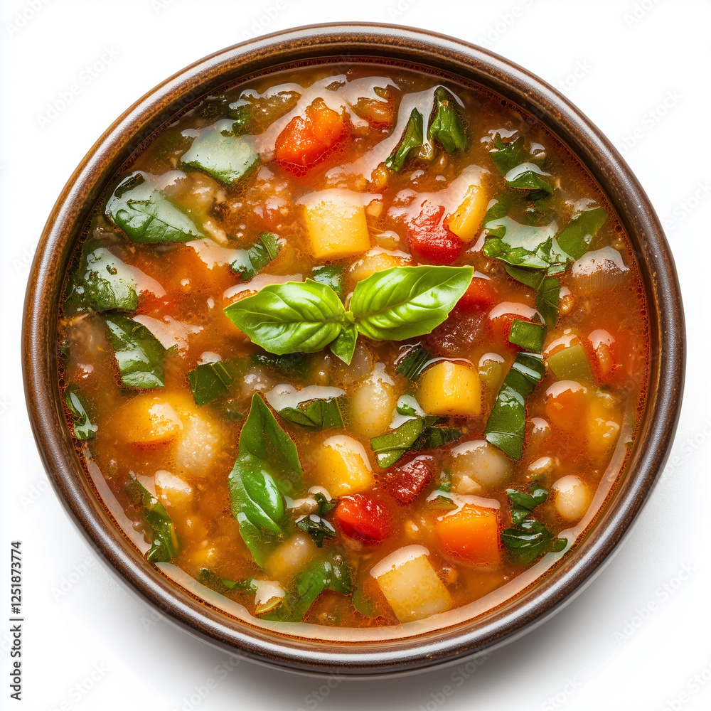 Top view of Minestrone, isolated on white, photorealistic food Top view of Minestrone, isolated on white, photorealistic food