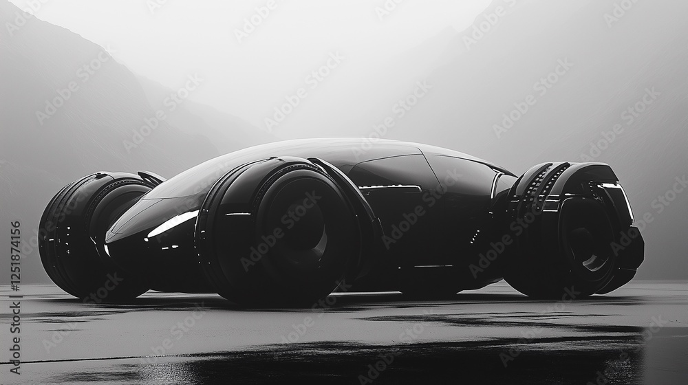 Obraz premium Sleek Shadow: A Futuristic Black Car, Defined by Smooth Curves and Enclosed Wheels, Poses Against a Muted Mountain Backdrop, Hinting at Tomorrow's Automotive Design.