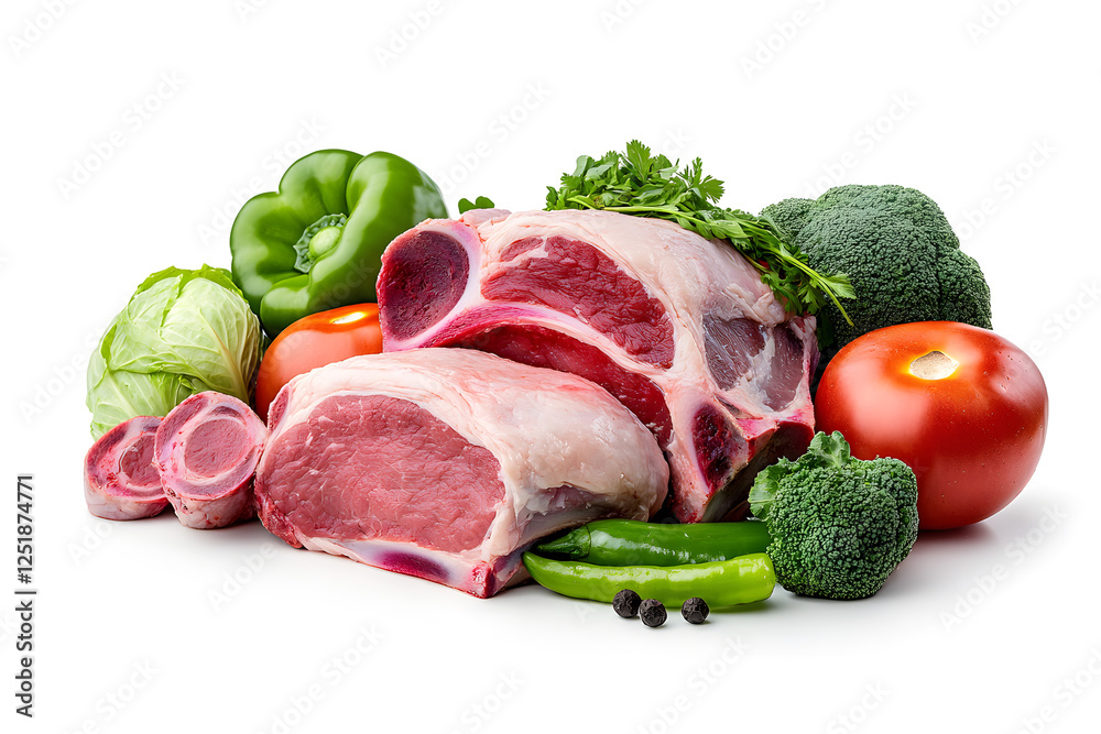 Fresh raw meat with vegetables isolated on white background Fresh raw meat with vegetables isolated on white background