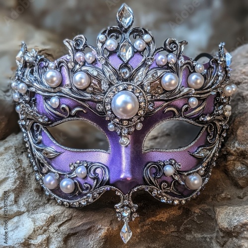 Elegant Purple Mask with Pearls and Gems for Costume Party