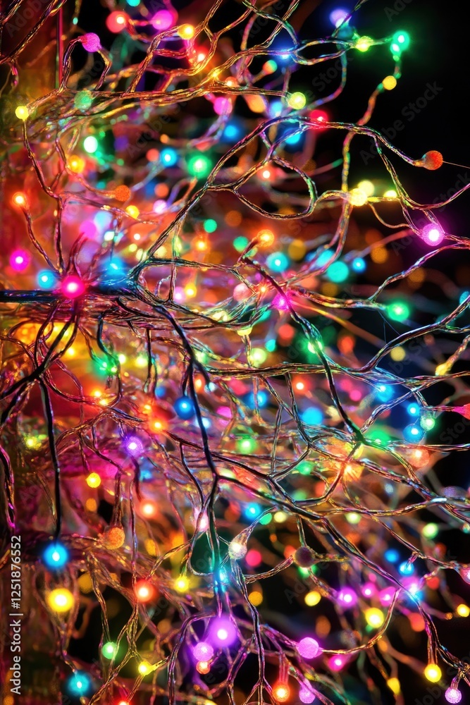 Vibrant multicolored string lights with twisted patterns in dark background Vibrant multicolored string lights with twisted patterns in dark background