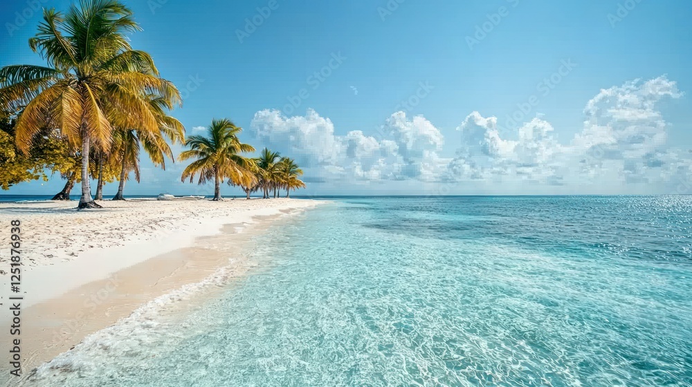 Fototapeta premium Tropical island beach, palm trees, turquoise water, sunny sky, travel