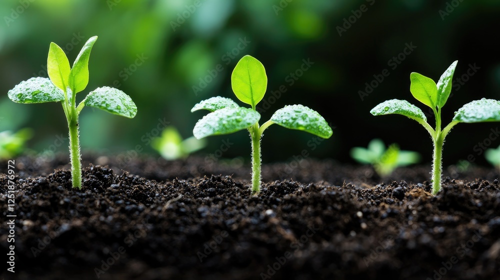 Fototapeta premium Sprouting seedlings in fertile soil, growth concept, nature's renewal, close up
