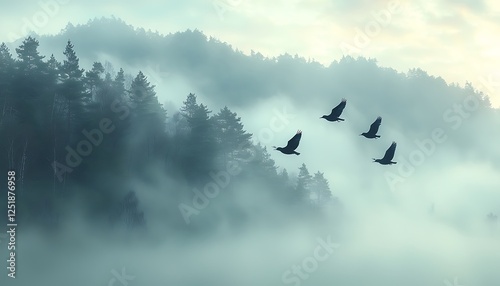 Black birds soaring over mist-shrouded mountains with the faint glow sunrise breaking through the fog photo