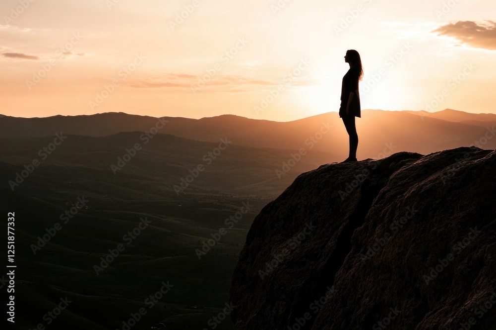 Silhouetted woman overlooking scenic mountain sunset Silhouetted woman overlooking scenic mountain sunset