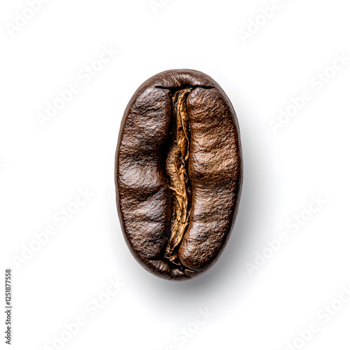 Single roasted coffee bean top view, isolated on white background
