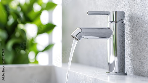 Modern chrome faucet running water, bathroom sink, plants background, water conservation