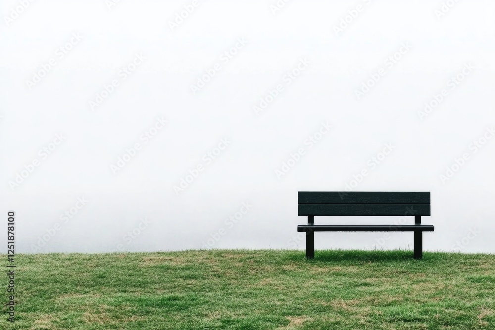 Solitary bench on misty day in serene open field landscape Solitary bench on misty day in serene open field landscape