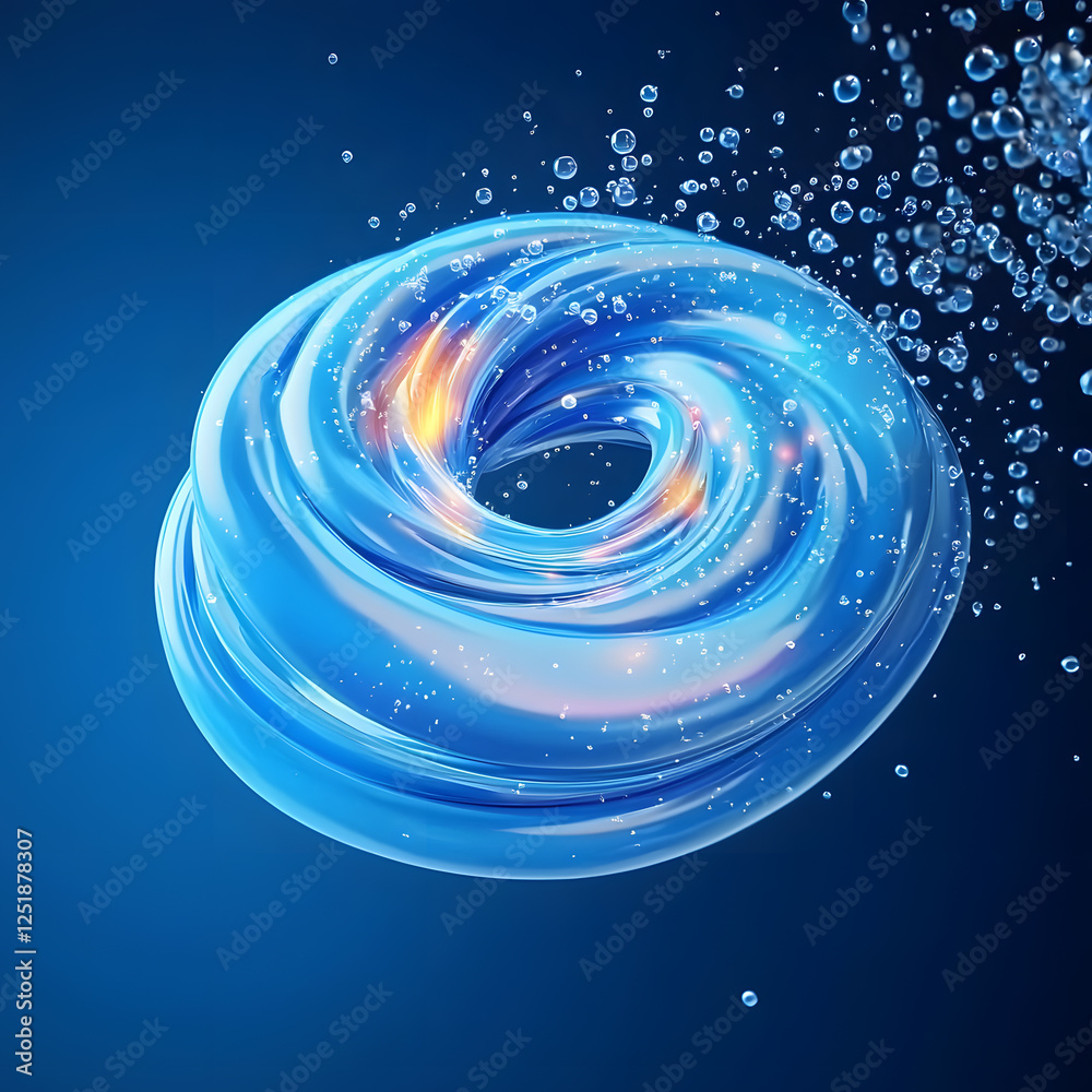 Fototapeta premium 3d illustration of neon color foam bubbles swirling in water on dark background. Spin whirlwind with shampoo blobs. Laundry 