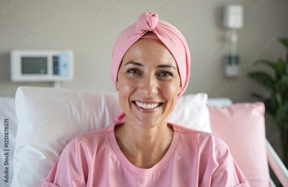 Portrait of happy smiling bald woman in pink headscarf after chemotherapy treatment at hospital oncology department. Breast cancer recovery, breast cancer survivor. Healthcare, medicine, hope concept. Portrait of happy smiling bald woman in pink headscarf after chemotherapy treatment at hospital oncology department. Breast cancer recovery, breast cancer survivor. Healthcare, medicine, hope concept.