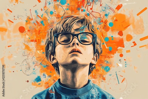 Abstract portrait of a boy with glasses, ADHD conceptual art, neurodivergent mind, imaginative brain, creative explosion, cognitive overload, orange and blue artistic background