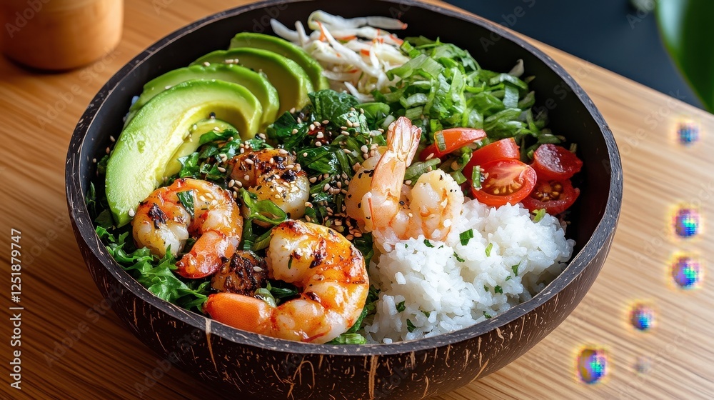 Vibrant poke bowl with shrimp, avocado, and fresh veggies served in a coconut shell Vibrant poke bowl with shrimp, avocado, and fresh veggies served in a coconut shell