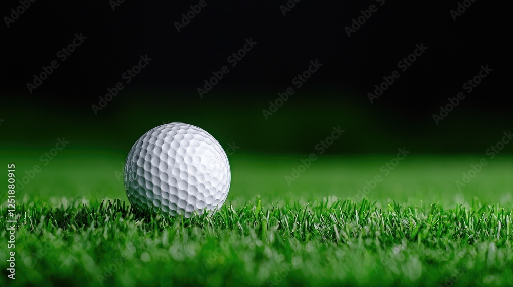 Obraz premium Golf ball on green grass, dark background, sport