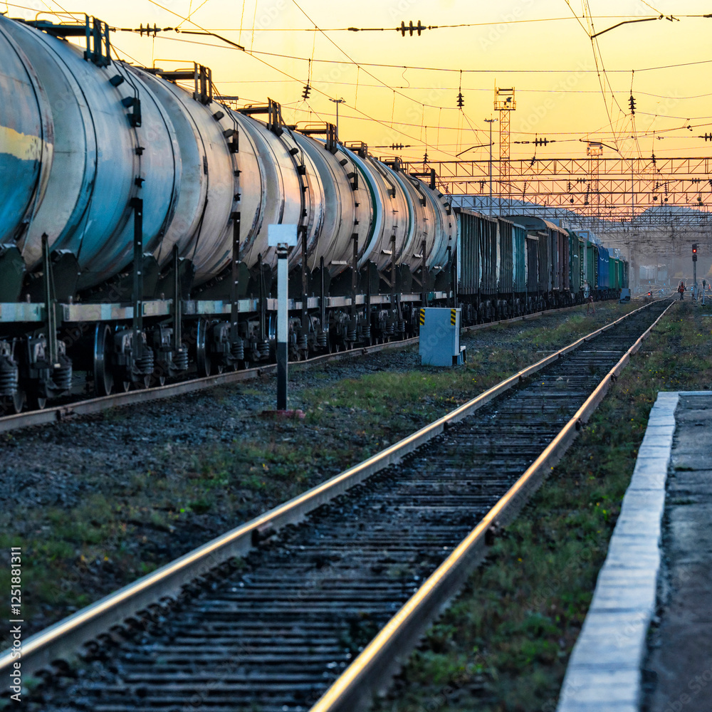 Transportation industry. LNG, gasoline and oil tanks. Railway Station with trains Transportation industry. LNG, gasoline and oil tanks. Railway Station with trains