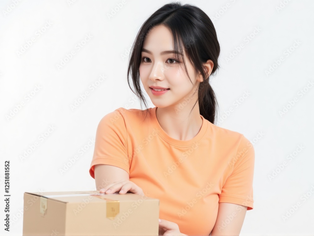 Studio portrait of a trendy Asian woman in a tight orange top, medium black hair, confidently posing with a package.
Studio portrait of a trendy Asian woman in a tight orange top, medium black hair, confidently posing with a package.
