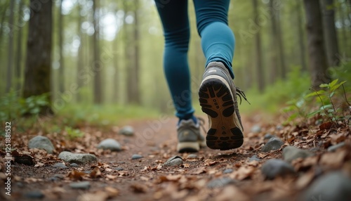 Fototapeta Naklejka Na Ścianę i Meble -  Close up female hiker feet in trekking boots walk outdoors in forest. Woman legs hiking on forest trail. Active lifestyle, outdoor activities, healthy feet.