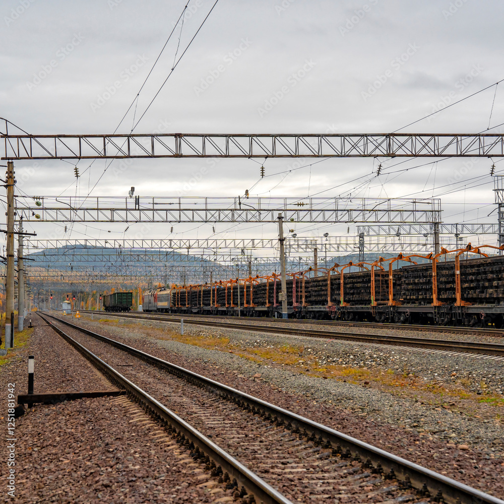 Railroad and trains with wagons. Train traffic. Transportation industry Railroad and trains with wagons. Train traffic. Transportation industry