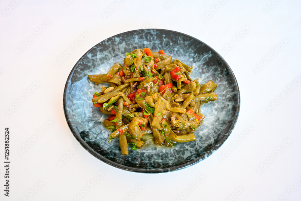 Traditional delicious Turkish food; Green beans with olive oil; Turkish name; Zeytinyagli taze fasulye Traditional delicious Turkish food; Green beans with olive oil; Turkish name; Zeytinyagli taze fasulye