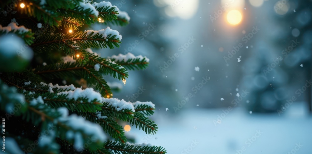 Snowflakes gently falling on a Christmas tree, evergreen tree, Christmas, branch Snowflakes gently falling on a Christmas tree, evergreen tree, Christmas, branch