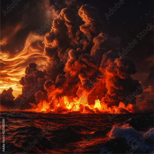Dramatic Vector Art Depicting Fiery Volcano Eruption Over the Ocean with Explosive Lava and Night Sky Under Milky Way Stars - Stunning Digital Illustration