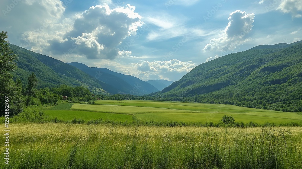 Breathtaking landscape view of verdant fields and majestic mountains sunny day nature photography scenic environment