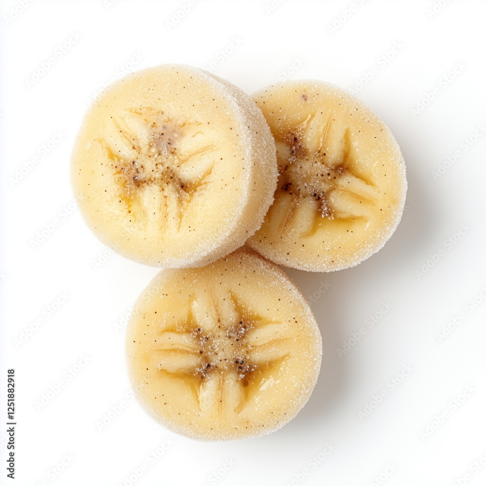 Top view of Frozen banana bites, isolated on white, photorealistic food Top view of Frozen banana bites, isolated on white, photorealistic food