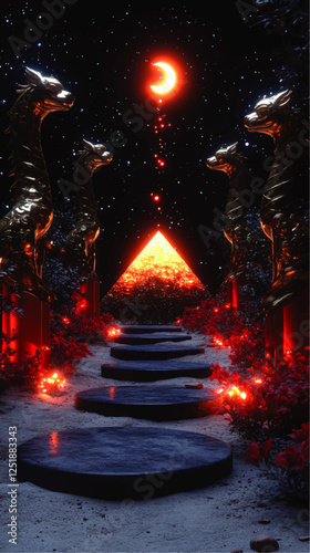 Surreal fantasy scene with glowing pyramid, crescent moon, and golden dragon statues in a mystical night setting with floating stone pathway