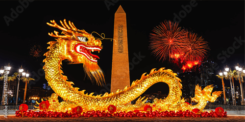 Golden Chinese dragon statue illuminated at night with fireworks in the background near an obelisk monument, celebrating Lunar New Year festival