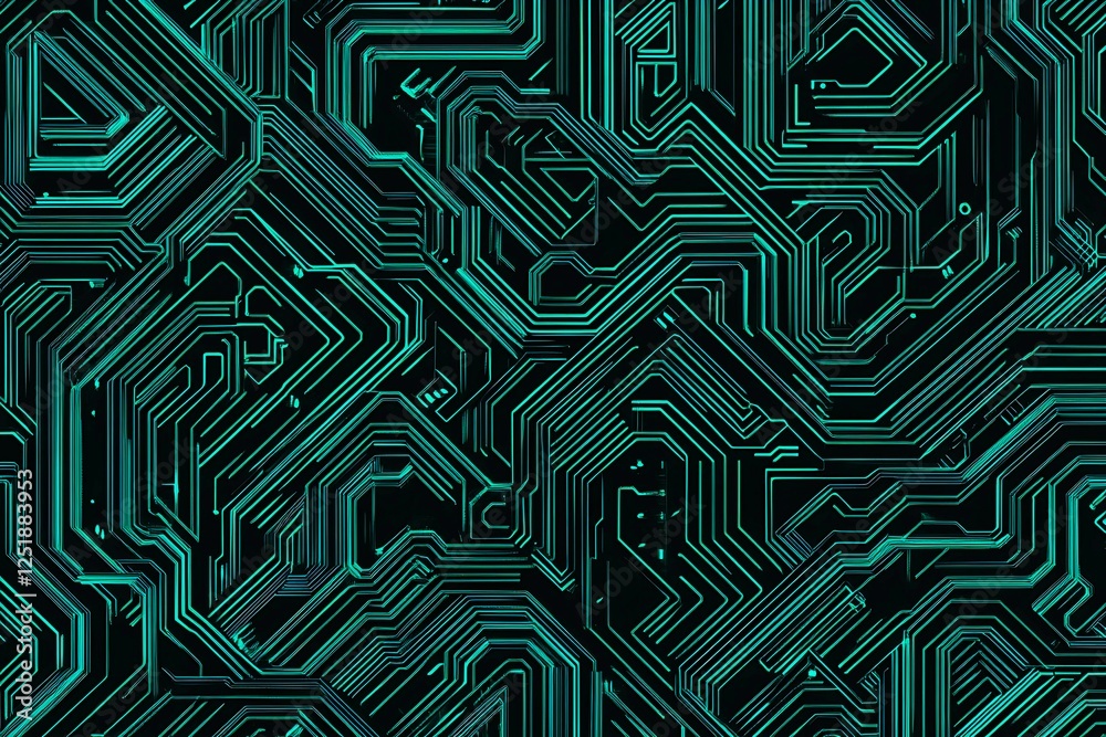 Abstract close-up of a glowing blue digital circuit board, showcasing intricate connections and technological design on a black background.
