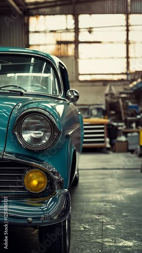 Classic turquoise vintage car in a retro garage surrounded by tools and parts during daylight hours