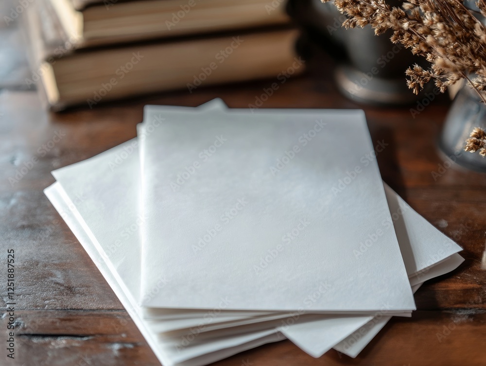Fototapeta premium Blank stationery sheets on wooden table with books and dried flowers