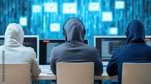 A group of ethical hackers monitoring cyber threats on multiple screens, symbolizing cybersecurity defense photo